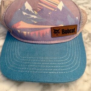 Vintage Style BobCat Trucker Hat Ball Cap Mountain Scene Leather Logo Adjustable